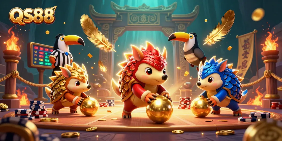 Rival pangolins compete in a dynamic QS88 casino game scene, surrounded by poker chips and golden scales.