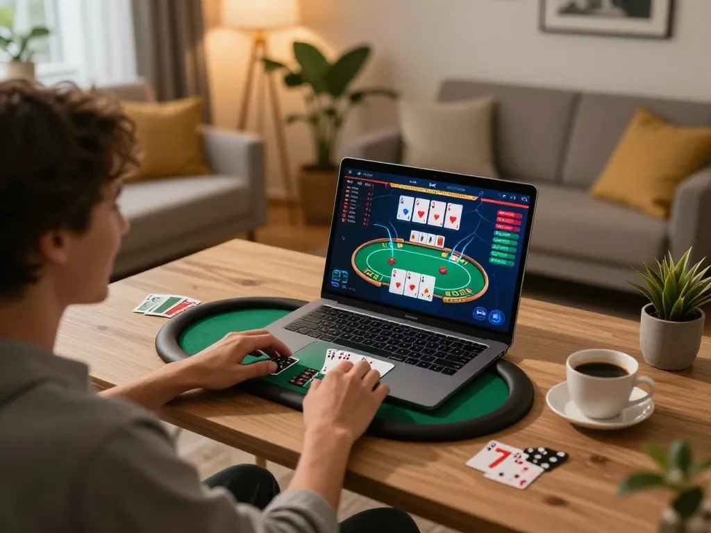 BONGDALU player enjoying online poker on laptop with warm lighting in stylish home office