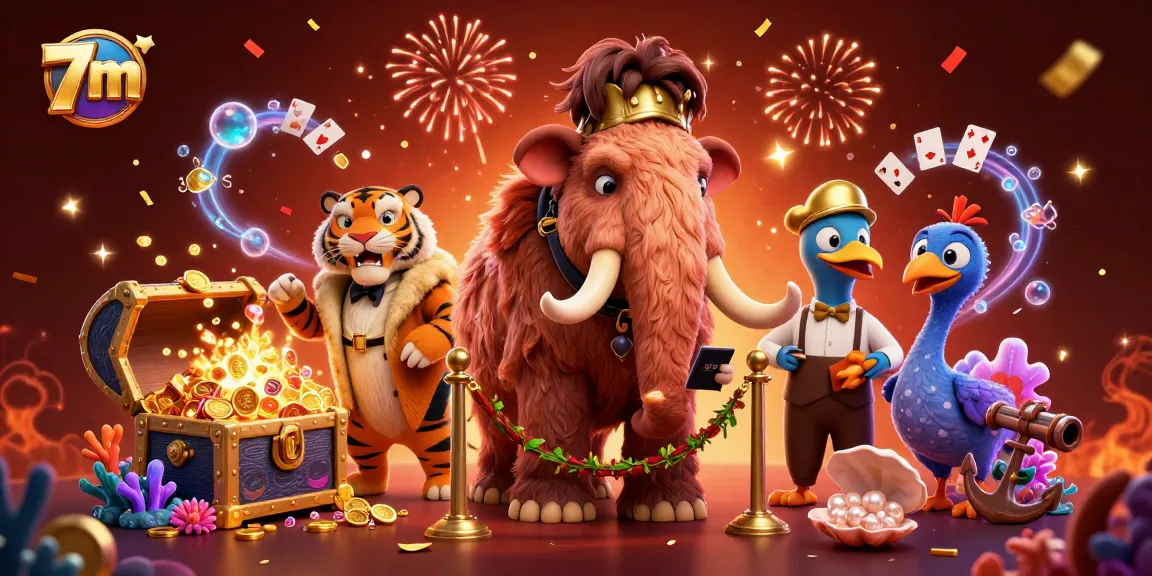 Engage in exciting gambling with 7m at the vibrant, illuminated casino scene illustrating animals and treasure.