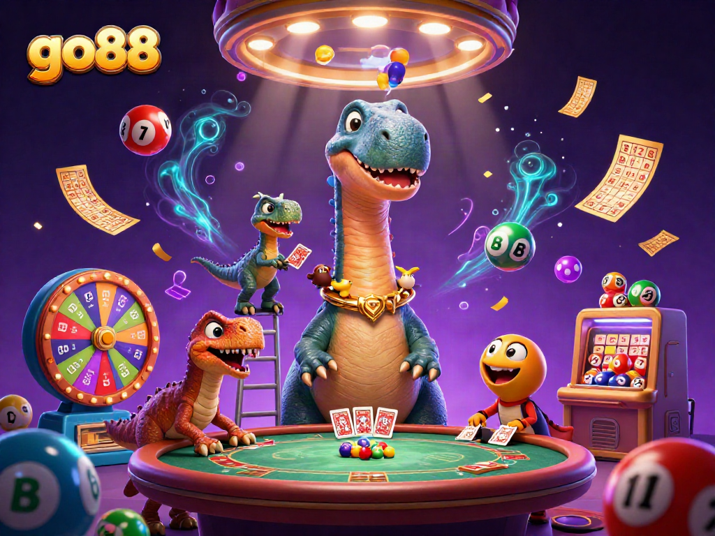 Experience thrilling gaming action with go88 as a giant brontosaurus oversees a poker showdown amidst colorful casino elements.