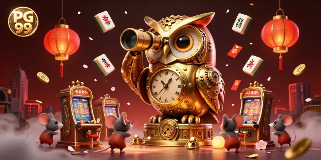 Experience gaming excitement with PG 99 as a golden owl watches over scurrying casino patrons.