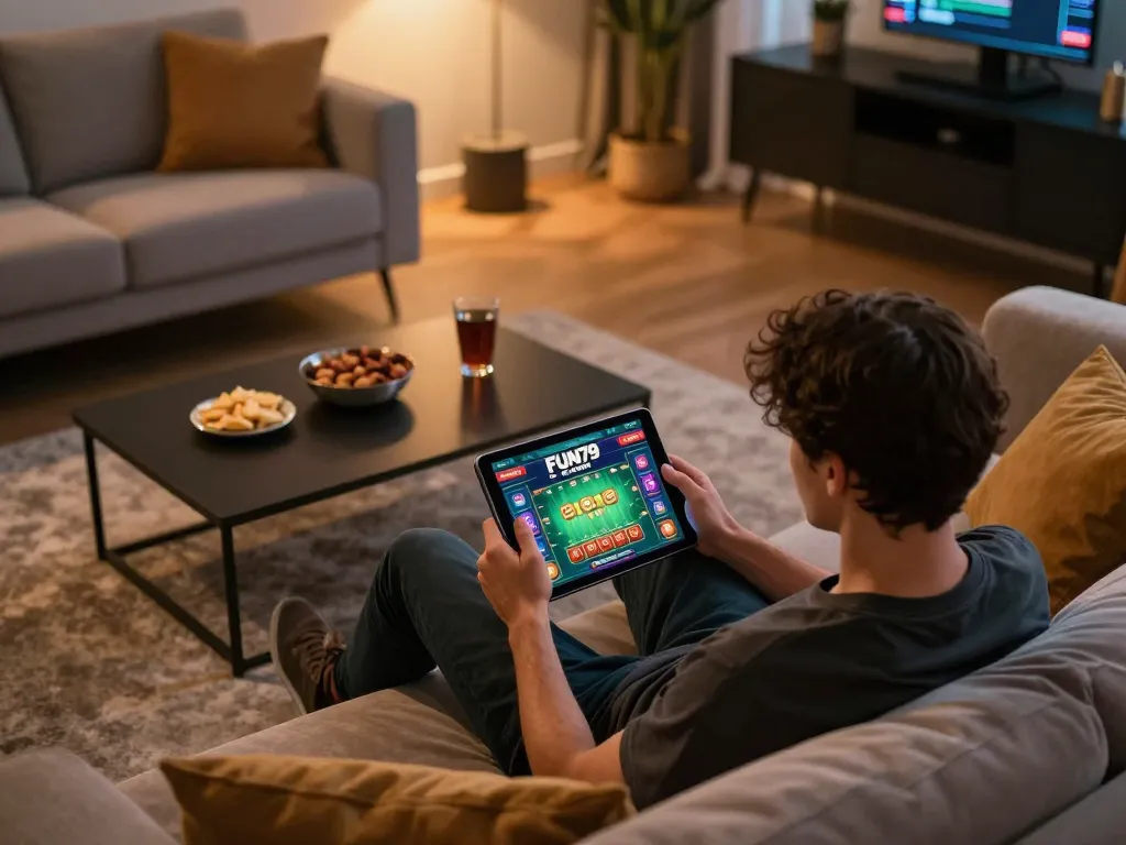 Engaging player enjoying FUN79 com online casino game on tablet in cozy living room.