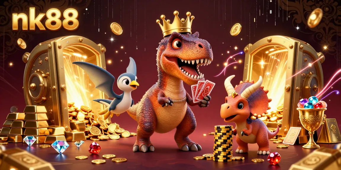 Experience the thrill at nk88 with animated characters stacking gold and playing cards amidst a treasure of jewels.