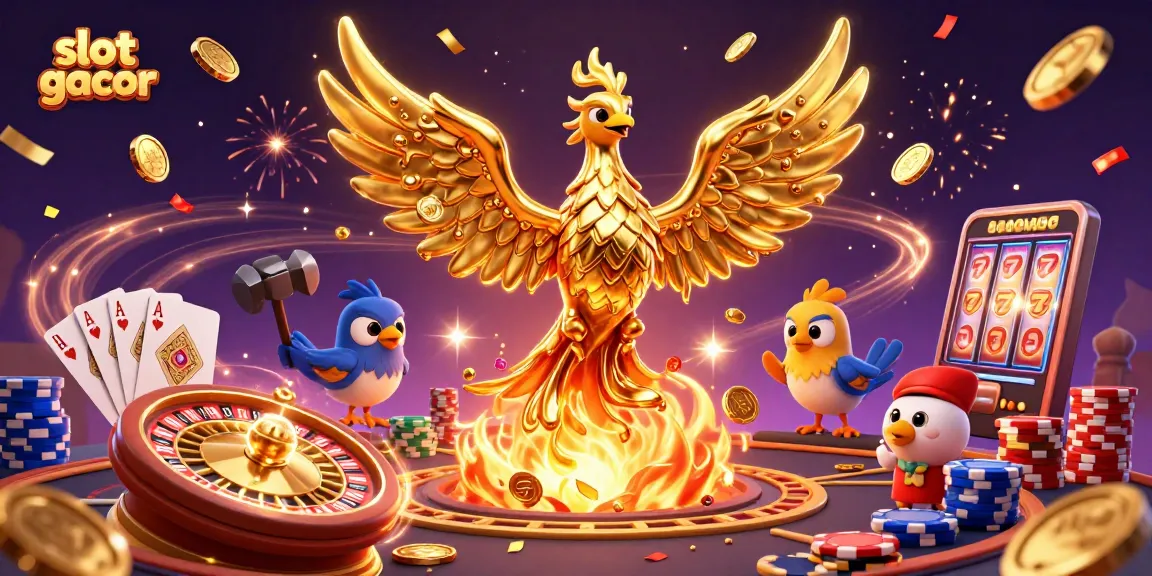 Experience slot gacor excitement with a golden phoenix, cascading coins, and vibrant casino elements.
