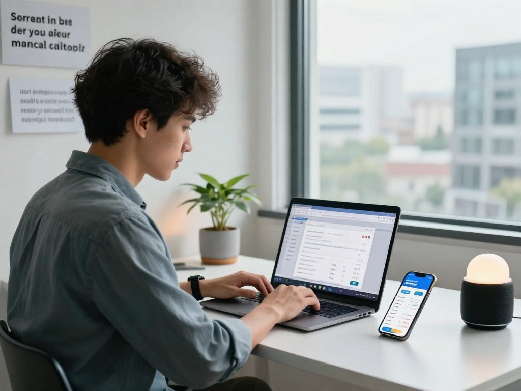 Dynamic digital banking workspace featuring debet app on laptop for managing finances