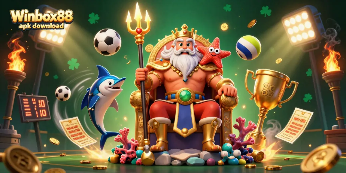 Experience the excitement of Winbox88 apk download with Neptune and gaming elements in a vibrant scene.