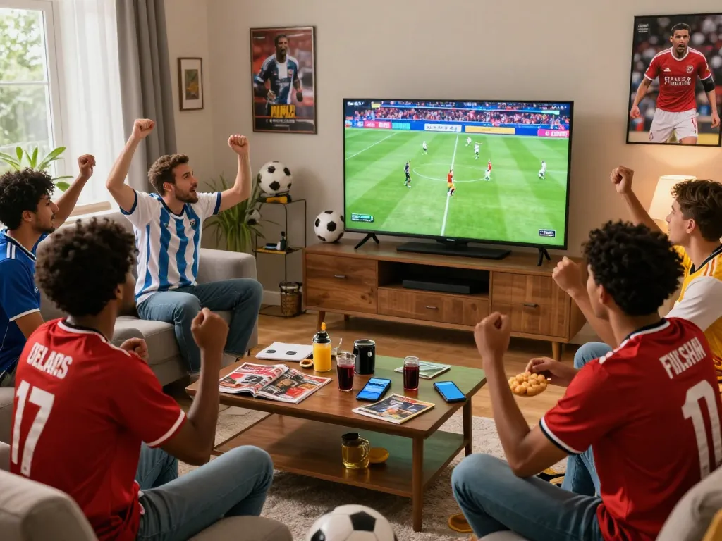 Football fans enjoying a match on https://cakhiatvz.live/ in a lively living room, surrounded by snacks and team jerseys.