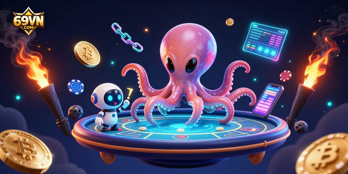 Orbiting poker chips and crypto elements showcase 69VN COM's vibrant casino experience.
