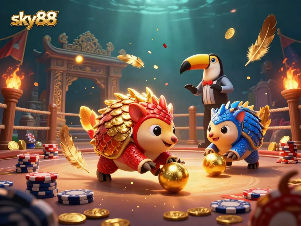 Experience gaming excitement with sky88 as pangolins duel in a vibrant casino setting.