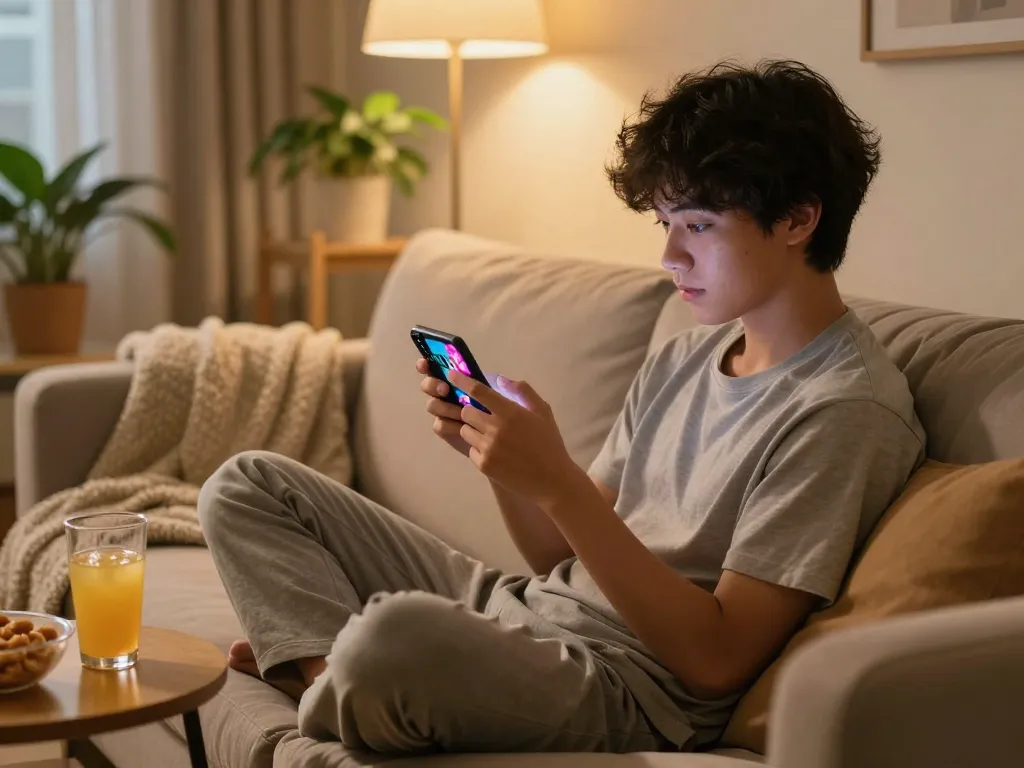 Enjoying mobile porn game on a couch, vibrant gaming atmosphere