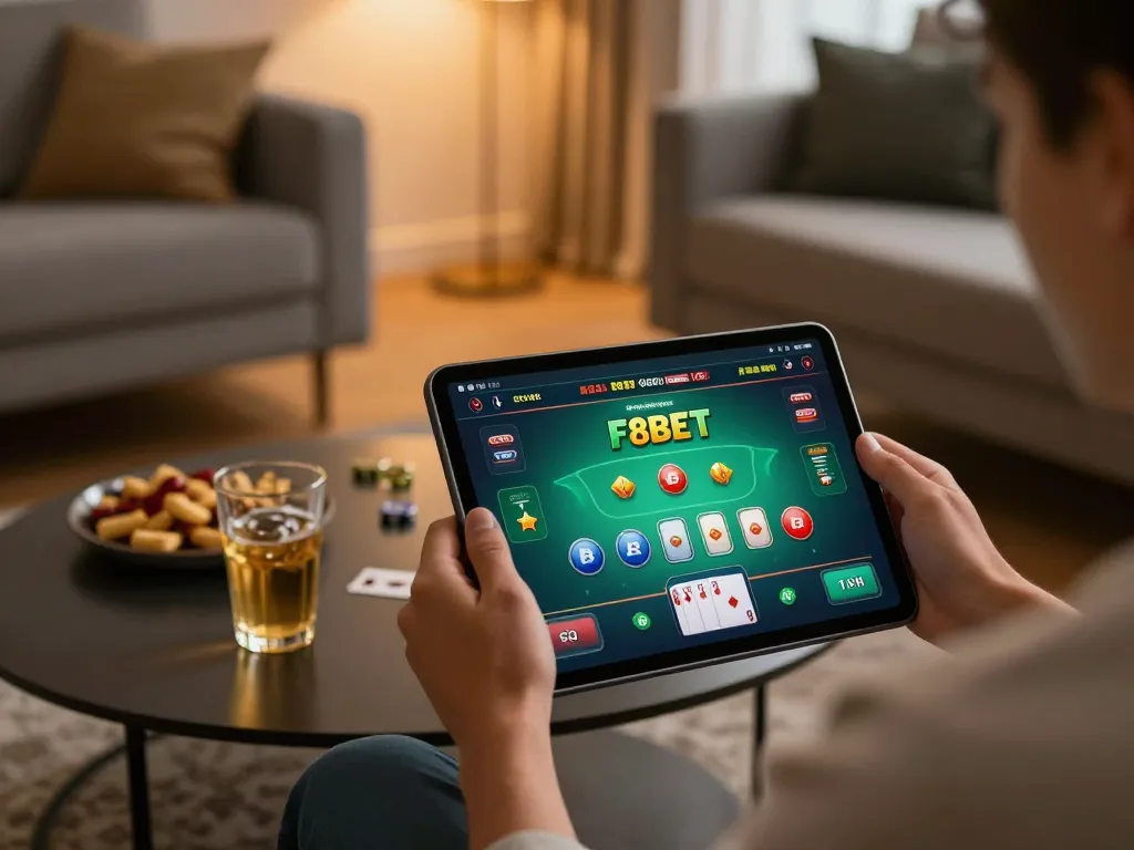 Engaging in F8BET online blackjack gaming from home, showcasing a stylish atmosphere and tablet interface.