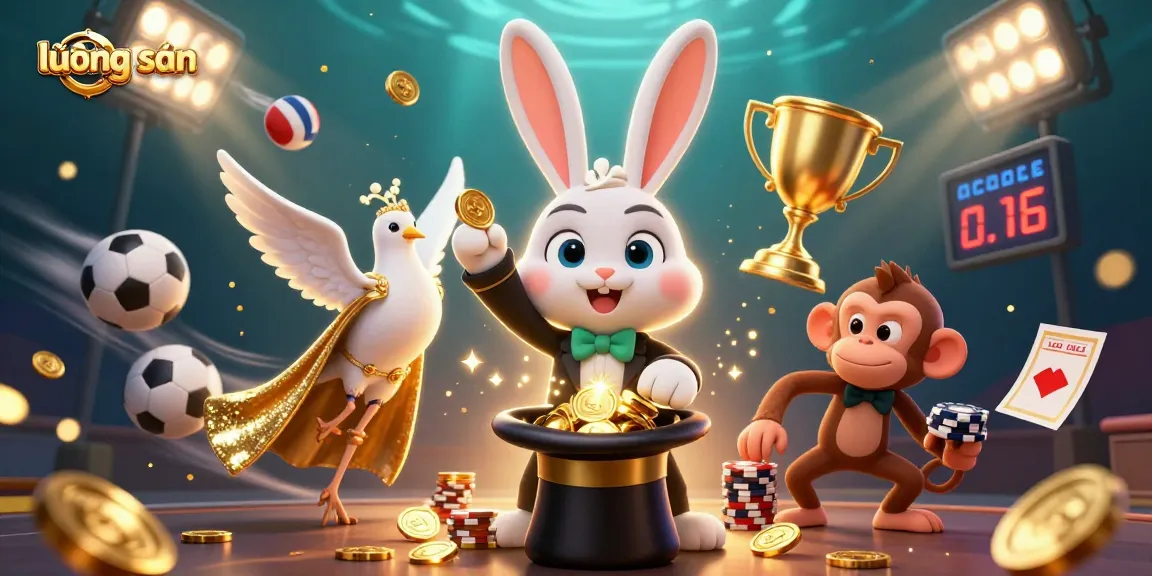 Lương sơn showcases an exciting 3D illustration featuring a magician rabbit, dove, and monkey in a gambling-themed atmosphere.
