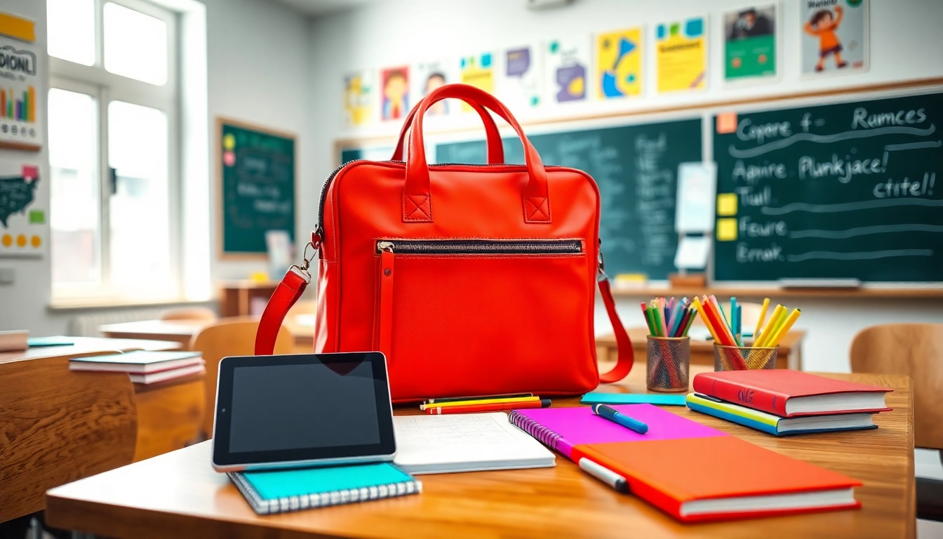 Organized Handytasche Klassenzimmer auf einem Schreibtisch in einem Klassenzimmer voller Schulmaterialien.