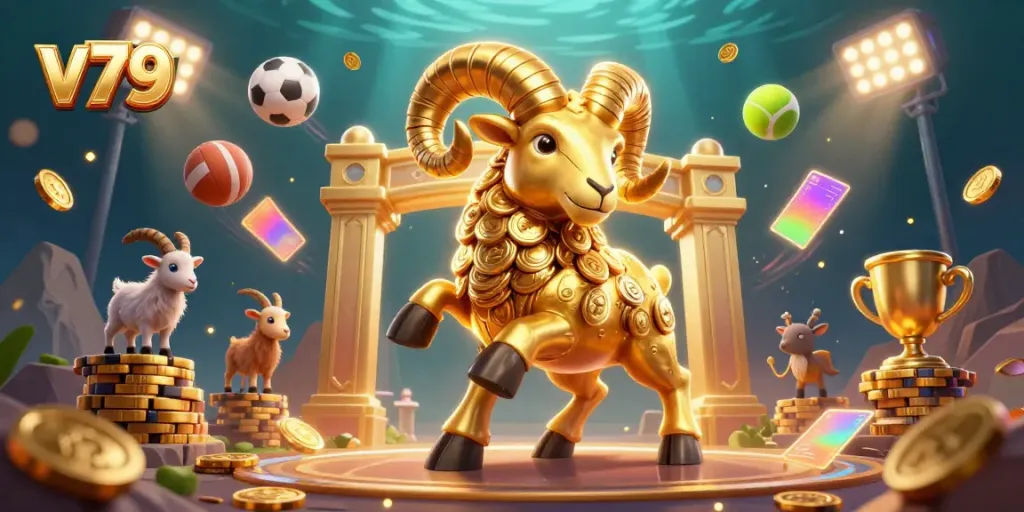 Experience dynamic betting action with V79 as the golden ram charges for victory amidst flying sports elements.