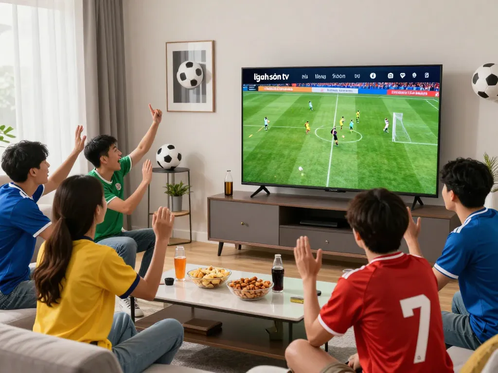 Lương sơn tv live football match viewing with friends in a lively living room setting.