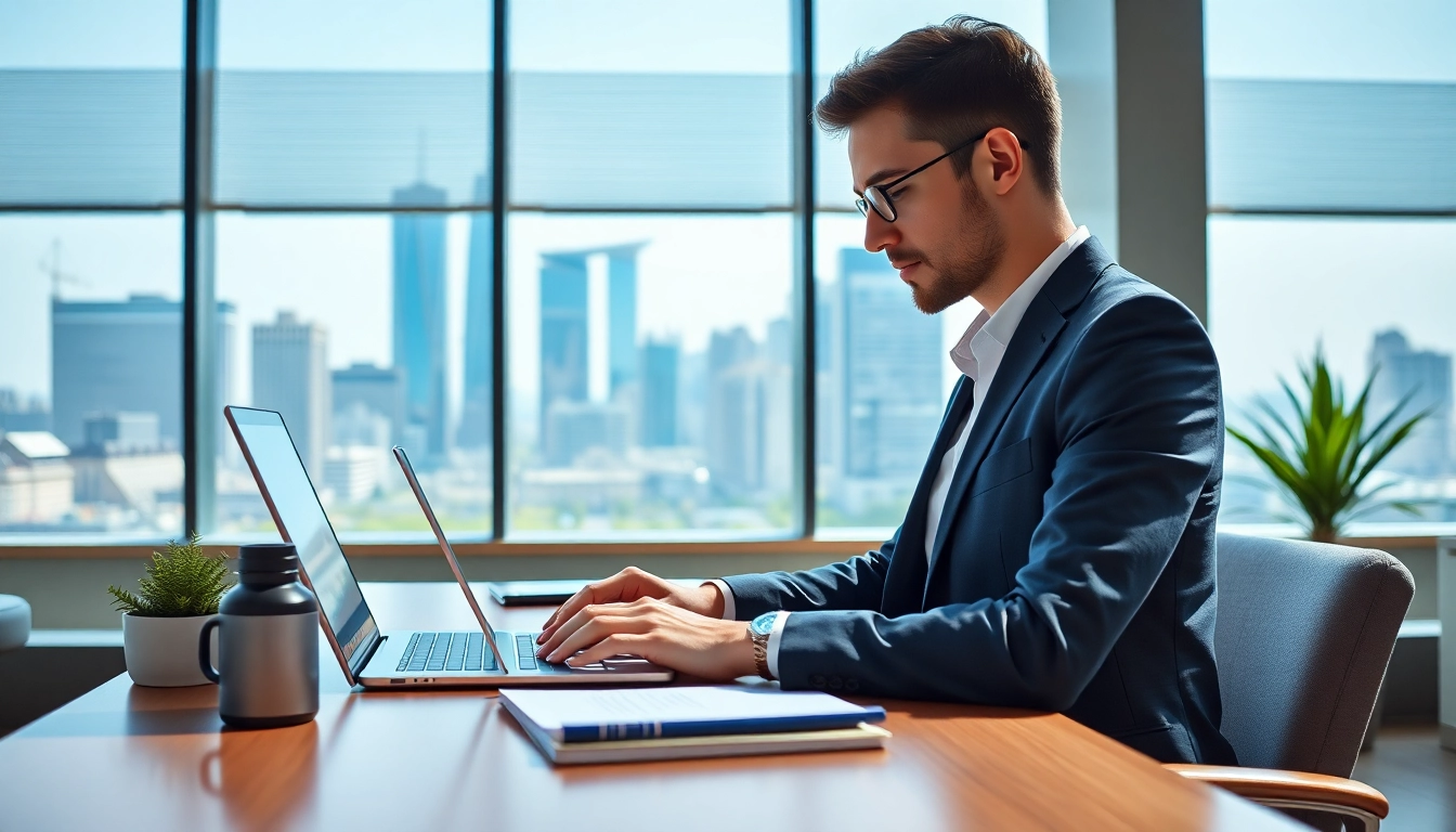 Streamlined eta application uk process portrayed with a professional at work in a vibrant urban setting.