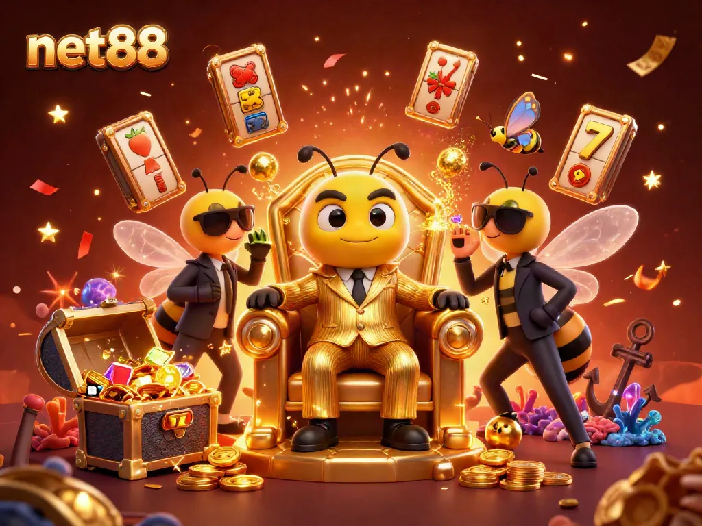 Experience high-energy gaming with net88 in a vibrant 3D casino illustration filled with excitement.