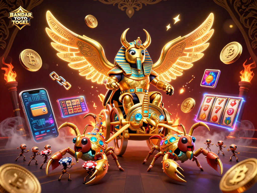 BANDAR TOTO TOGEL showcases a vibrant 3D scene featuring colossal scarab beetles and glowing poker elements.