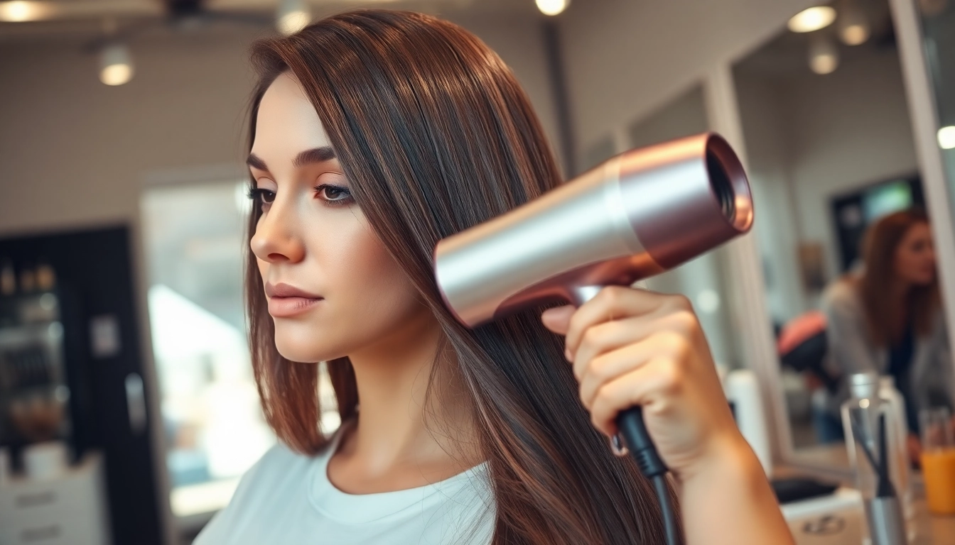 Professional stylist using an Ionic blow dryer to create sleek hairstyles in an upscale salon setting.