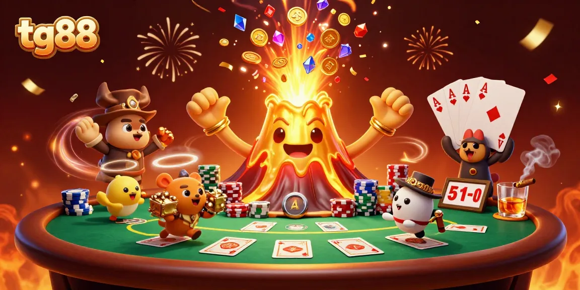 Join the exciting tg88 casino adventure with a golden volcano and poker elements in an eruptive scene.