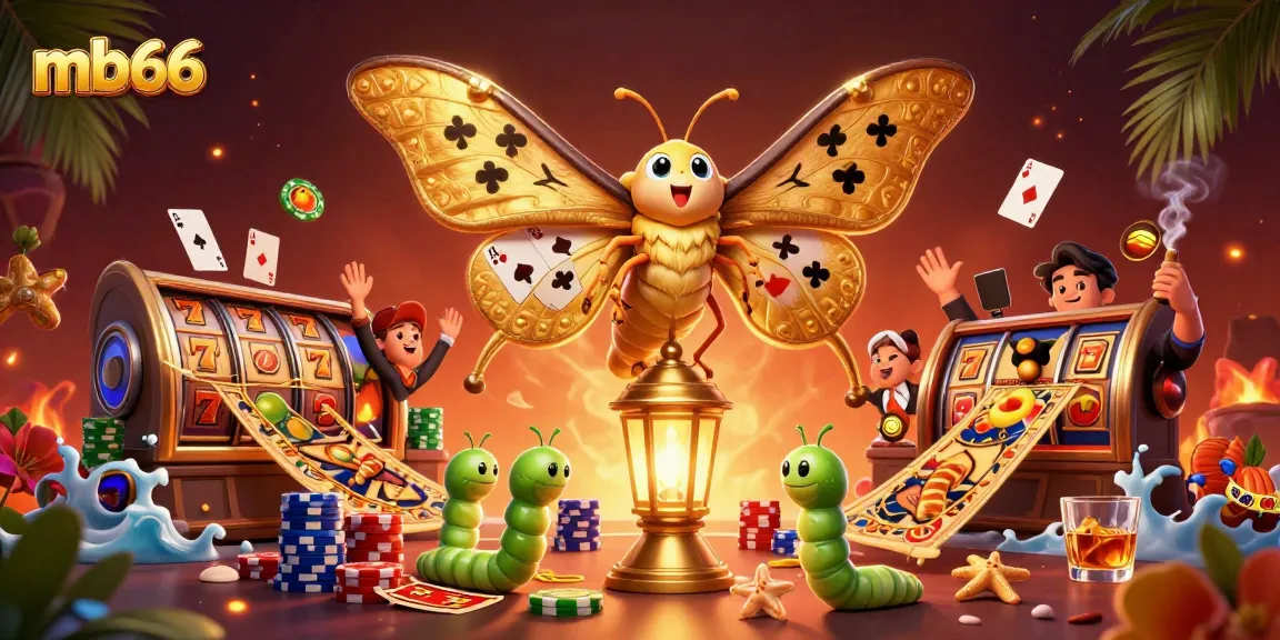 Experience thrilling games at mb66 with a vibrant illustration showcasing slots, poker chips, and a majestic moth.