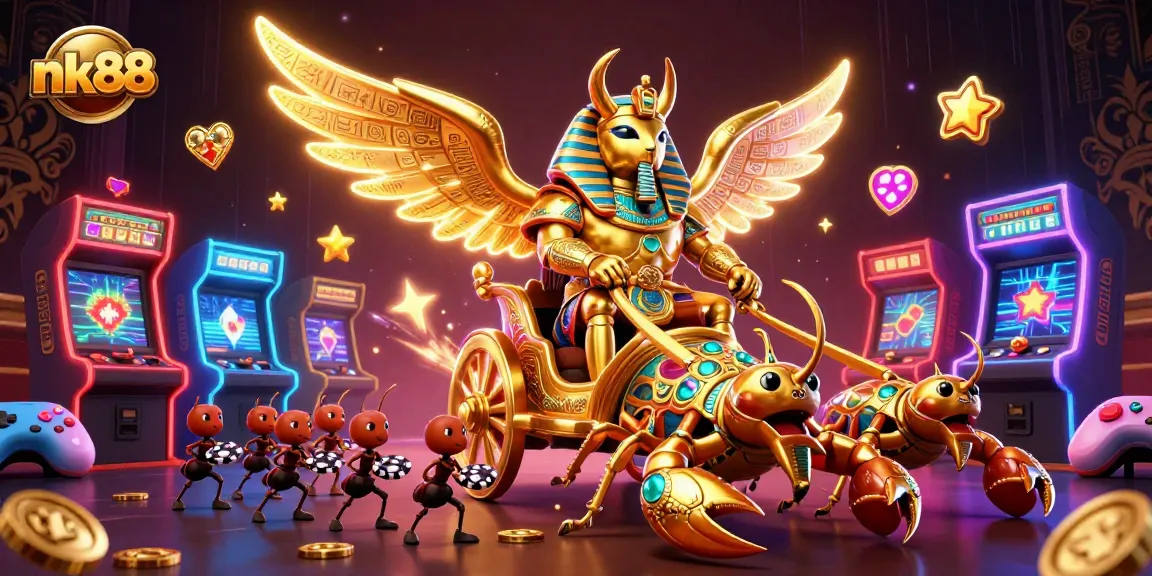 Engage in thrilling games at nk88 with a vibrant, dynamic 3D casino scene featuring iconic elements.