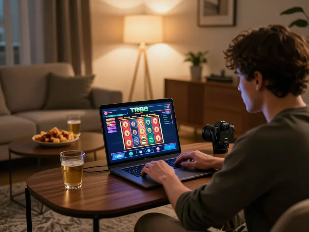 Engaged player spinning the reels on TR88 slot game on laptop in cozy home environment.