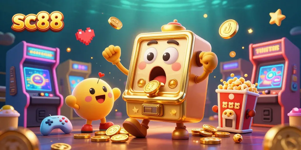 Spin the sc88 jackpot with a golden slot machine showering coins amidst vibrant arcade elements.