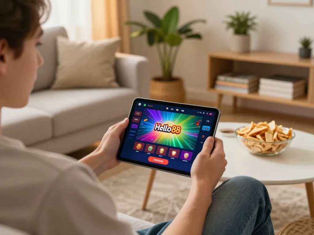 Engaging in online gambling with Hello88 on a tablet in a cozy living room during a fun gaming session.
