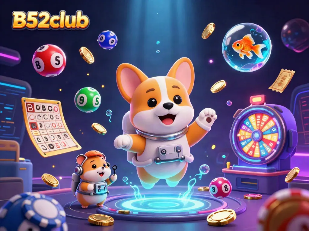 Experience the thrill of B52club in a vibrant space station casino with floating games and characters.