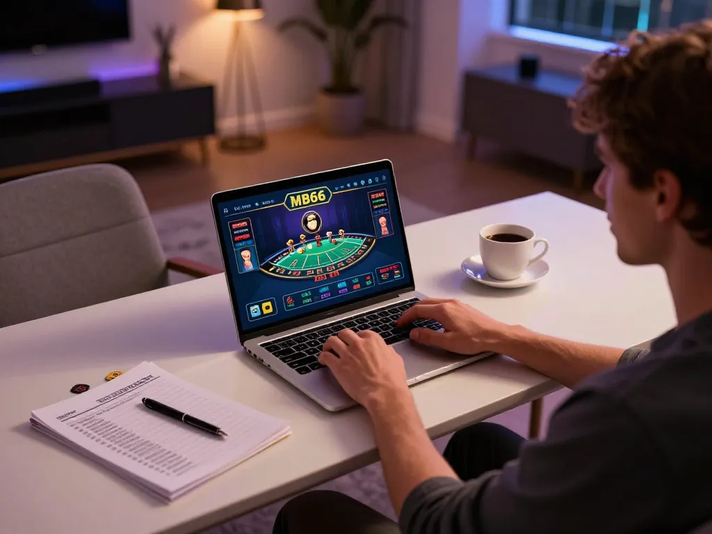 Person engaging with MB66 online casino games on a laptop, showcasing strategic gameplay.