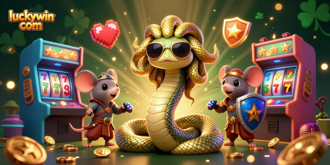 Join the excitement at luckywin com with Medusa and a warrior mouse amidst vibrant arcade games and golden symbols.