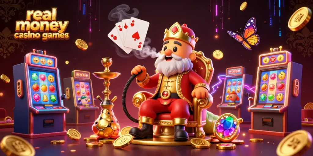 Enjoy thrilling real money casino games with a vibrant 3D scene featuring unique characters and dynamic slots.
