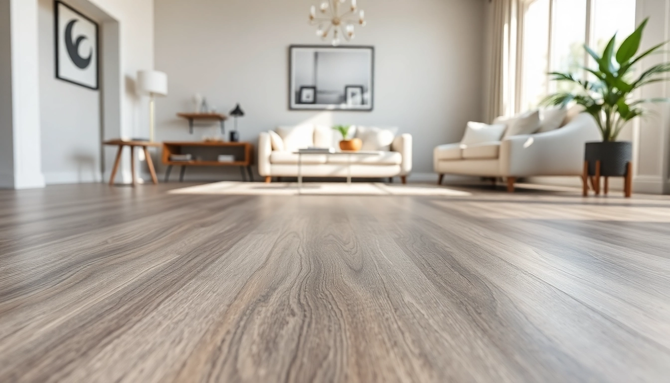 View grey vinyl flooring with a modern design showcased in a bright living room setting.