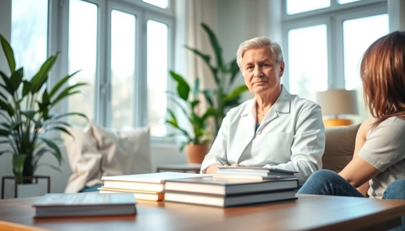 Therapist helping a client manage stress and anxiety in a calming office setting.