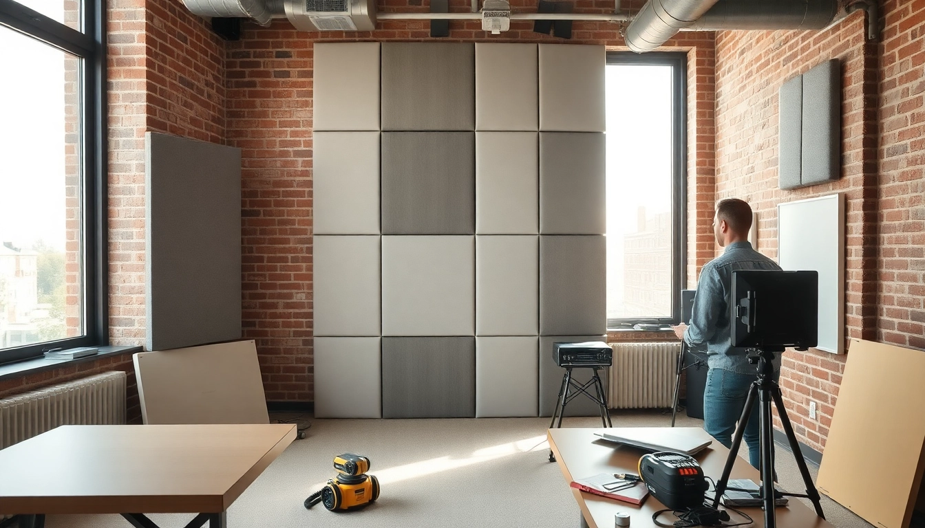 Soundproofing installation with acoustic panels in a modern office space.