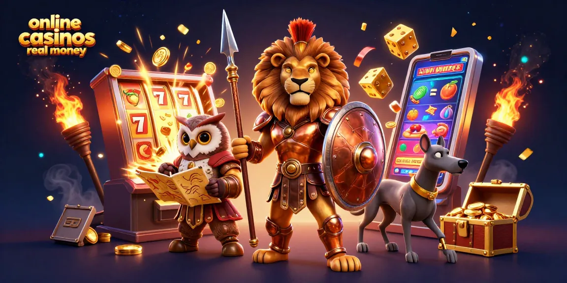 Win big at online casinos real money with a vibrant 3D scene of characters and game elements.