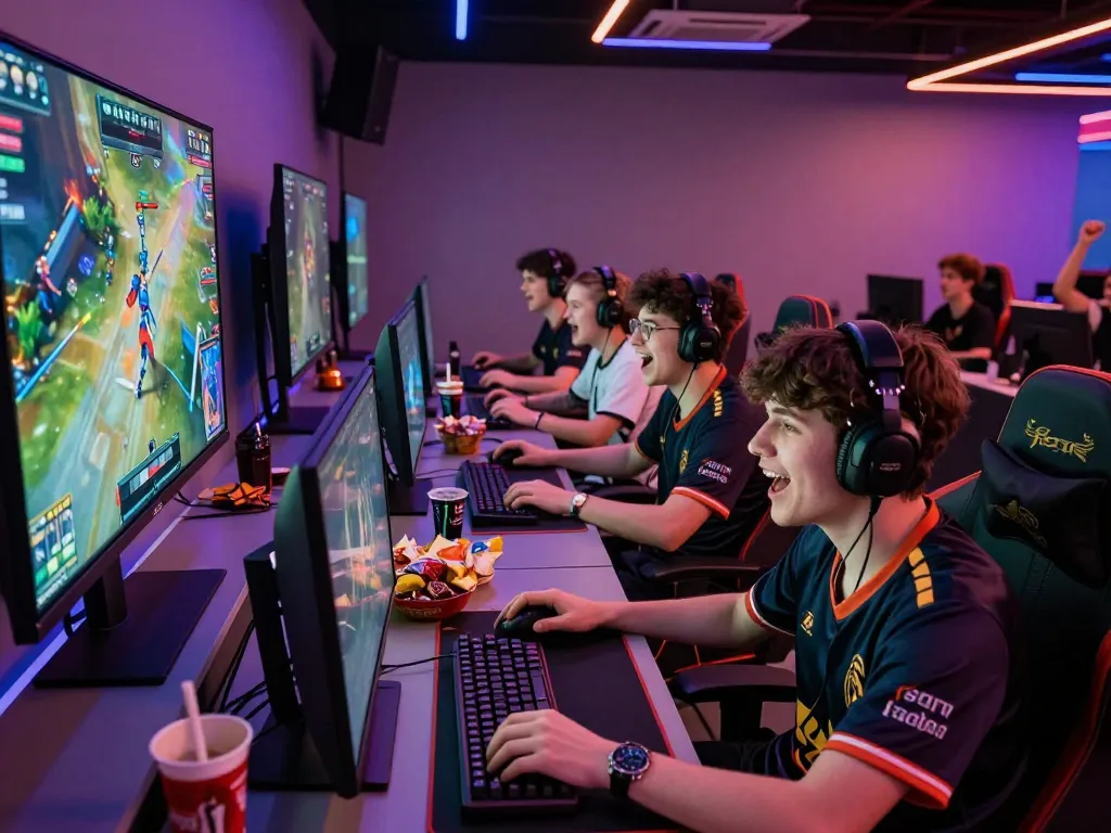 Exciting esports hubet88 betting scene with gamers enjoying a live match