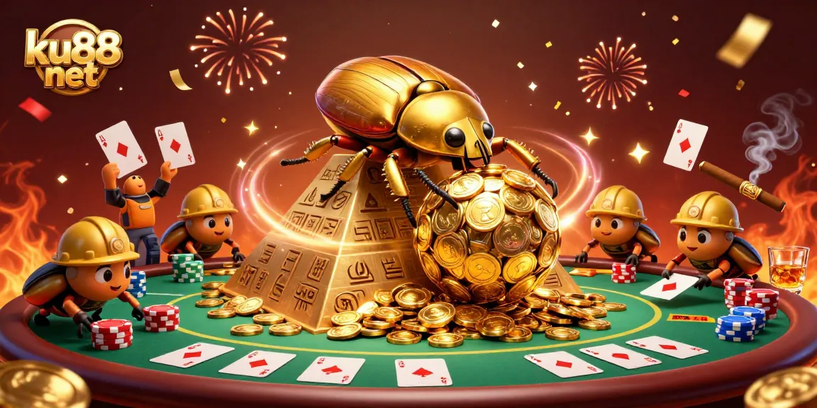Experience the excitement of ku88 net with a vibrant casino scene featuring a golden dung beetle rolling coins.