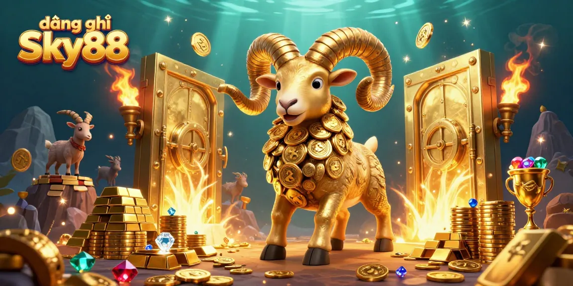 Join the excitement of đăng ký Sky88 with a dynamic scene of a charging golden ram amidst a treasure vault