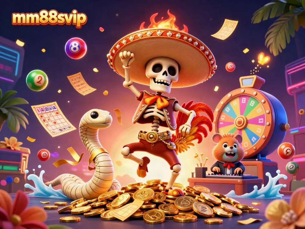 Celebrate with mm88svip as the mariachi rooster and friends dance among colorful lottery elements.