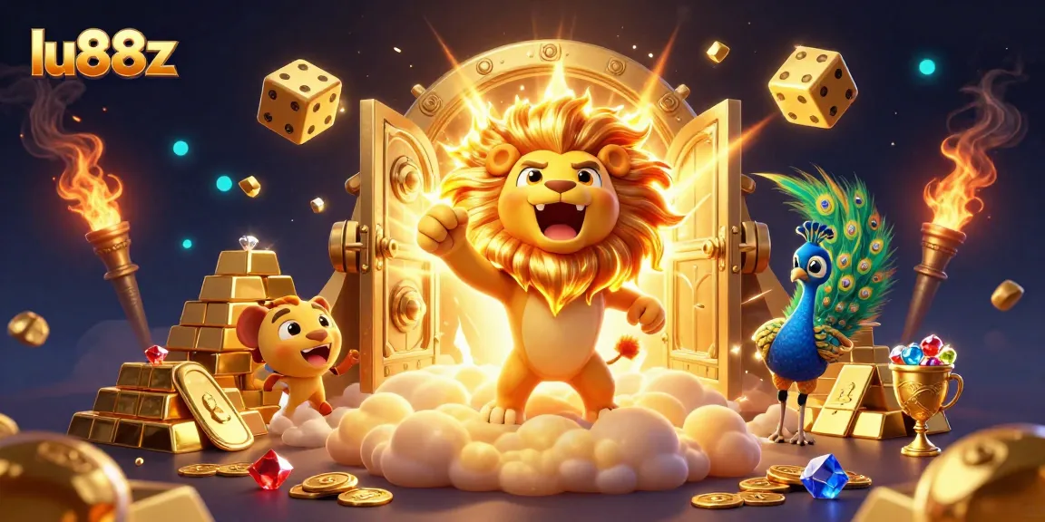 Experience thrilling wins at lu88z in this vibrant 3D casino illustration filled with treasures.