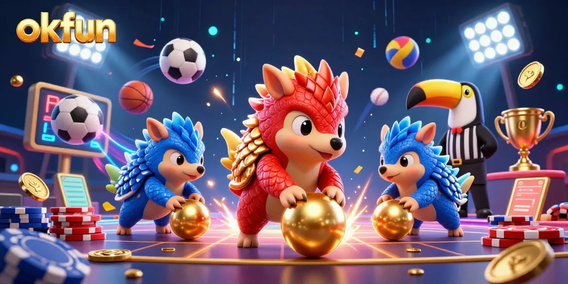 okfun brings excitement with rival pangolins bowling through poker chips in a vibrant casino setting.