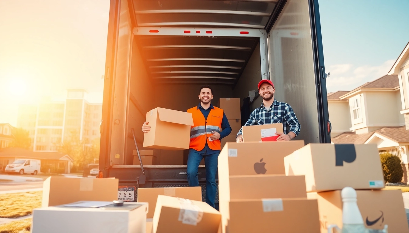 Efficient long distance movers Calgary expertly handling fragile items in a sunny urban setting.