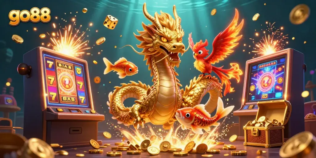 Experience the excitement of go88 with a golden dragon and fiery phoenix amidst a jackpot explosion in a casino.