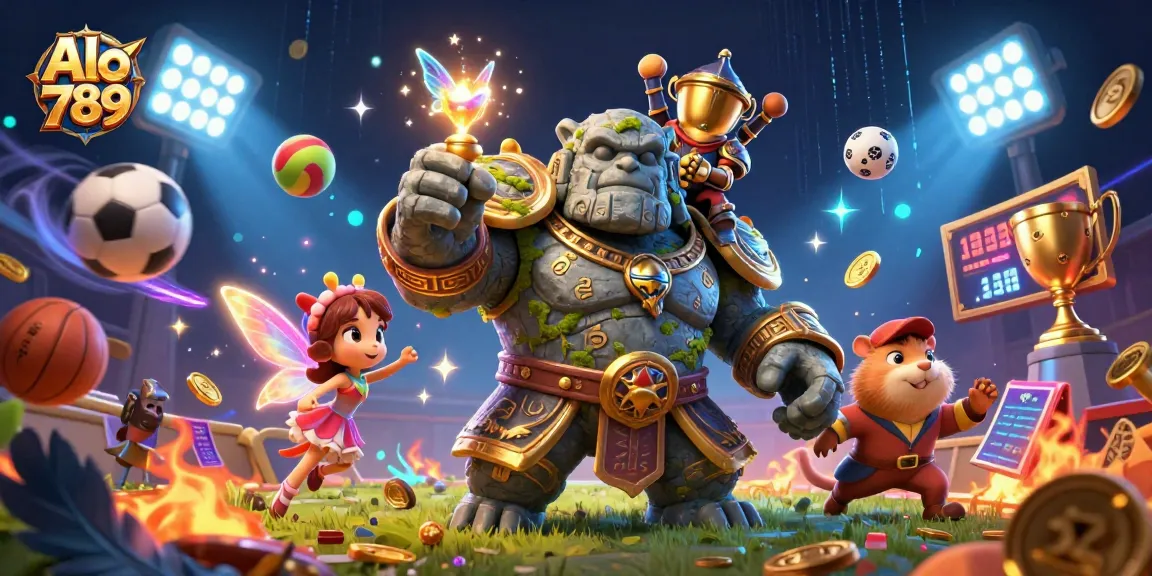 Bet on thrilling fights at Alo 789 with a dynamic illustration featuring a magical golem and knight