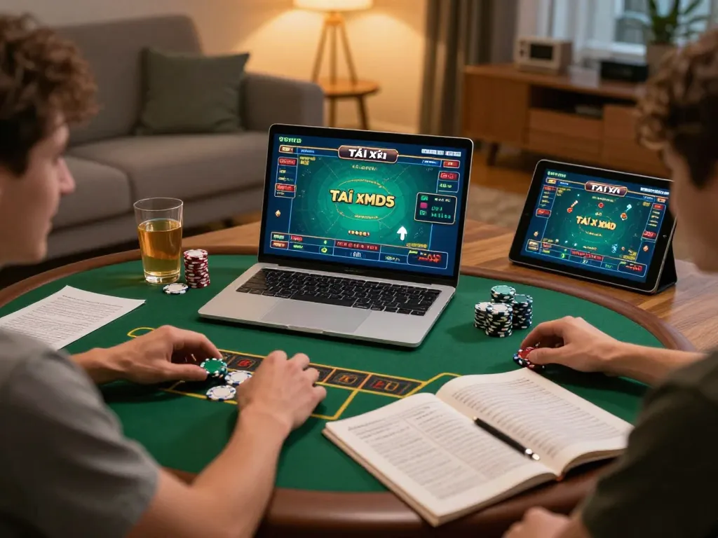 Tài xỉu MD5 gameplay on a laptop in a cozy home setting, with a player engaged in strategy notes for better bets