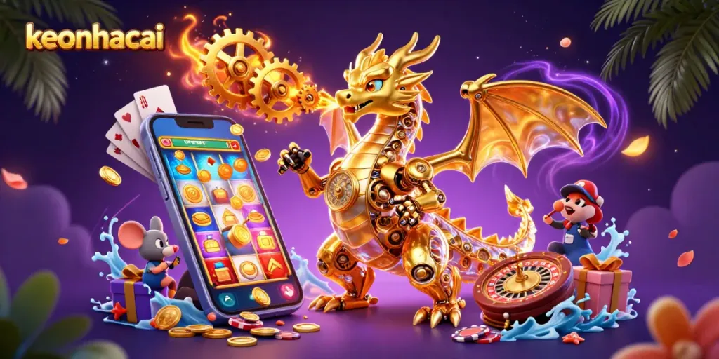 Engage in thrilling action with keonhacai's golden dragon amidst vibrant casino elements.