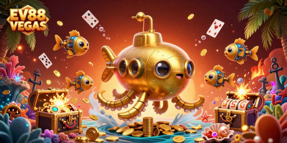 Experience the vibrant EV88 VEGAS scene with a golden kraken submarine and dazzling casino elements.