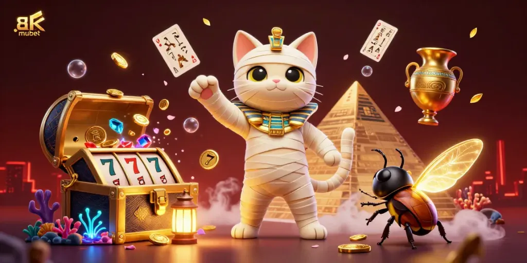 Experience exciting gameplay at mubet with a vibrant scene featuring a mummy cat and glowing treasures.